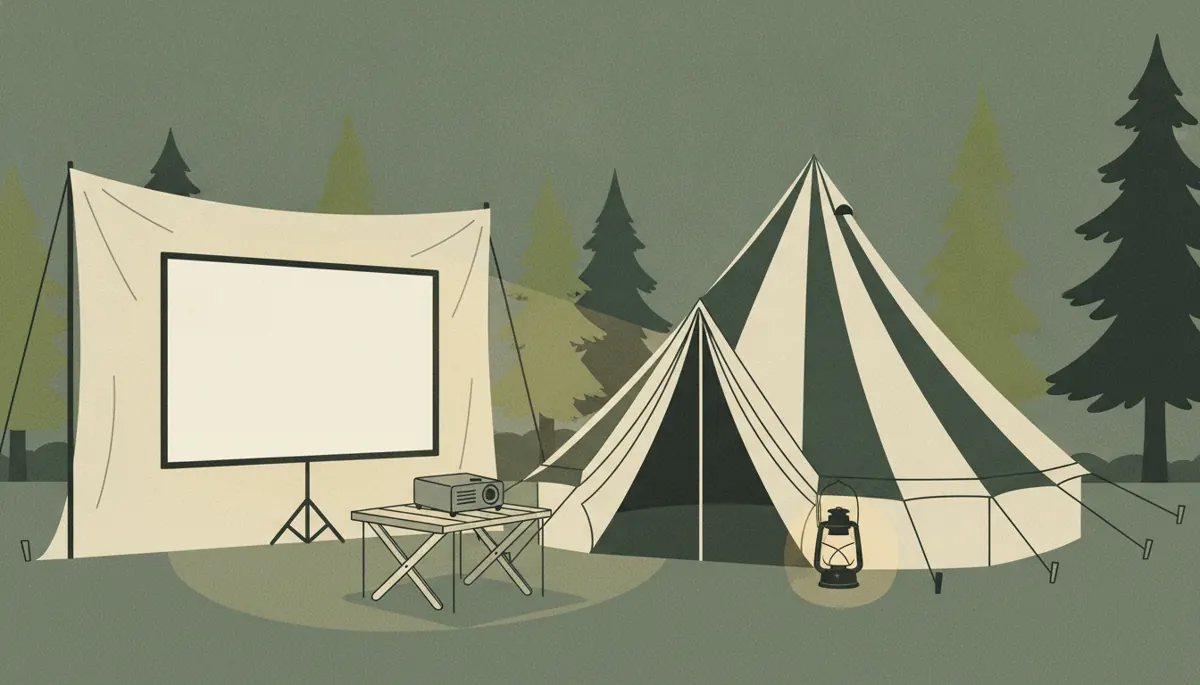 Illustration of a canvas tent at dusk next to a folding screen lit by a small projector on a camp table.